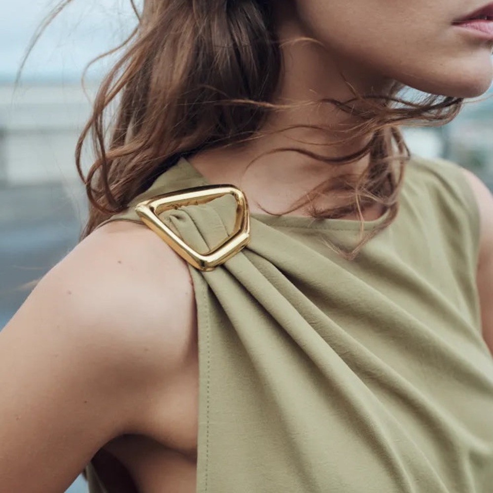 Zara olive green top with gold buckle, size M